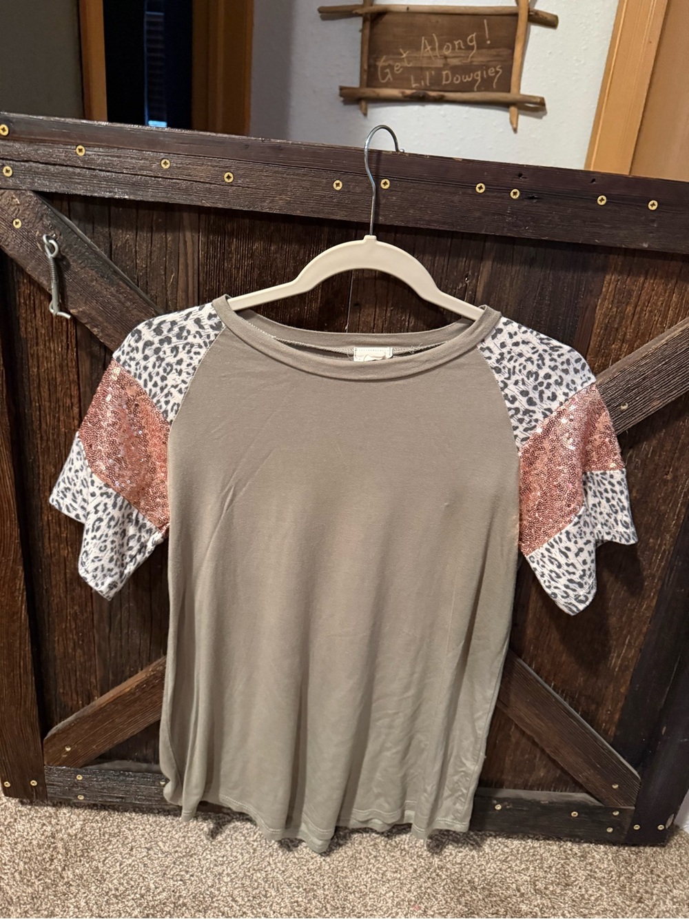 Lovely Melody Taupe Top with Rose Gold Sequin & Leopard Sleeves